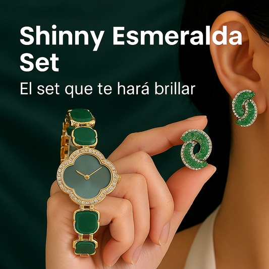 Shinny Set ™ : Reloj Trebol Cuatro Hojas Esmeralda + Gratis aretes.